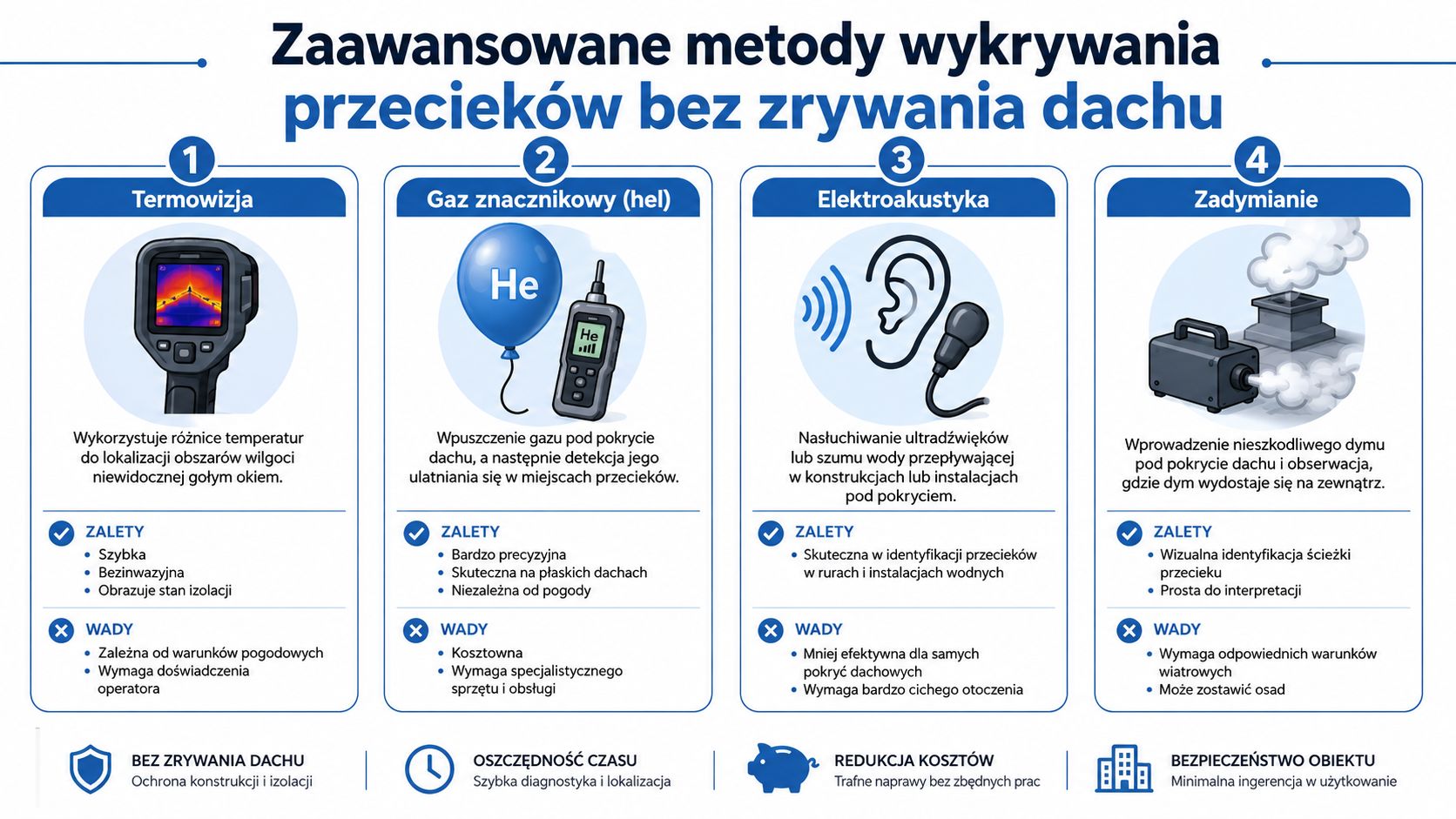 Grafika przedstawia cztery zaawansowane metody wykrywania przecieków dachowych bez konieczności zrywania pokrycia dachu, z wyszczególnieniem ich zalet i wad.