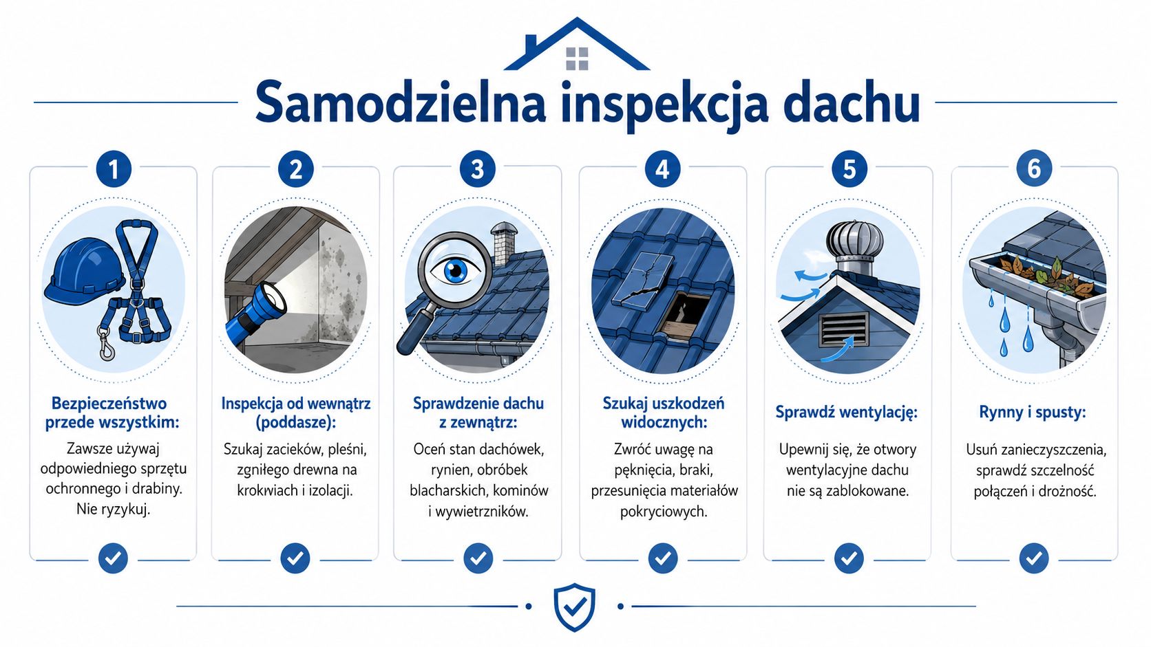 Infografika przedstawiająca sześć kroków samodzielnej inspekcji dachu dla zapewnienia bezpieczeństwa i wykrywania usterek w domu.