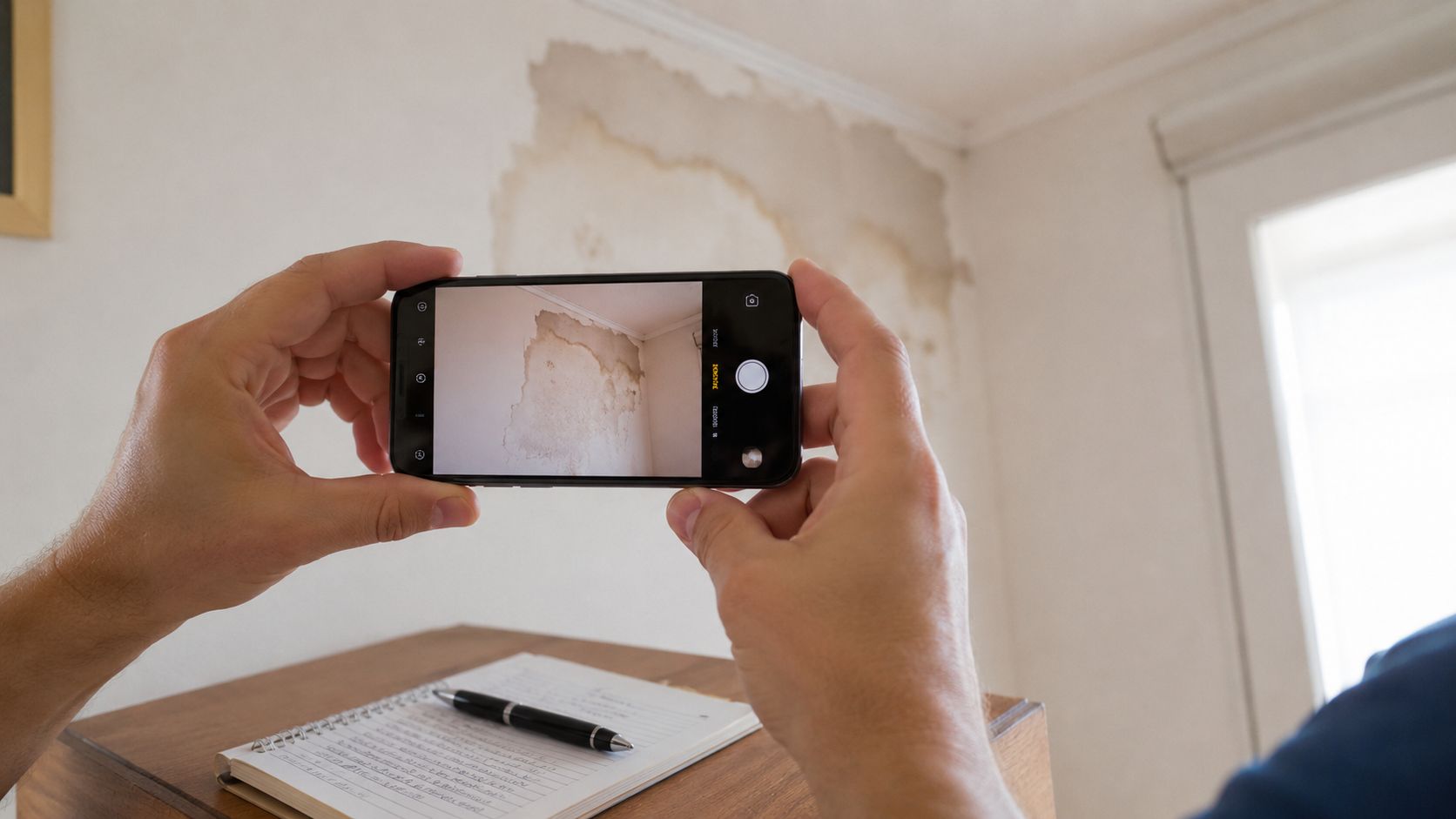 Mężczyzna trzymający smartfon robi zdjęcie ściany z widocznymi śladami zacieków i uszkodzeń spowodowanych wilgocią wewnątrz pomieszczenia.