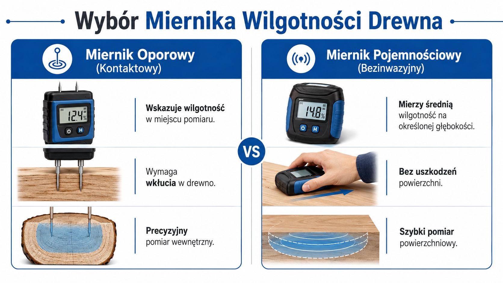 Porównanie dwóch rodzajów mierników wilgotności drewna: oporowego z sondami oraz bezinwazyjnego urządzenia pojemnościowego z opisem ich działania.