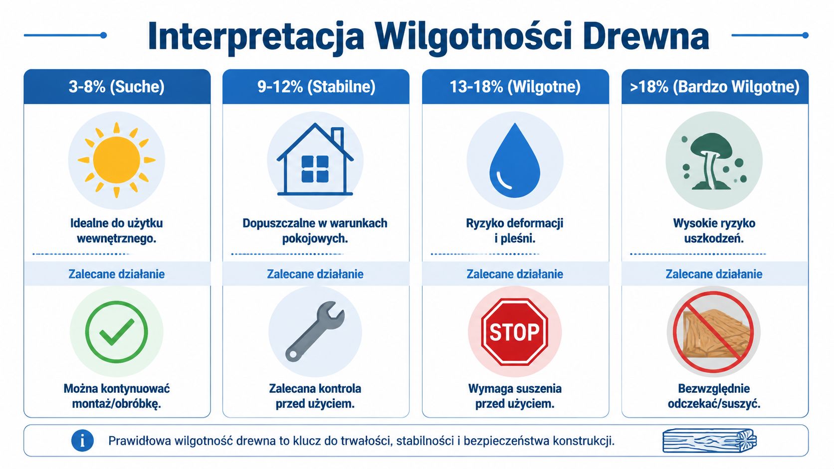 Tabela przedstawiająca interpretację wilgotności drewna, wskazująca zalecenia dla różnych poziomów wilgotności w celach budowlanych i stolarskich.
